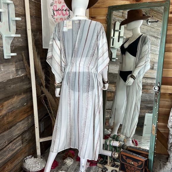 White Striped Print Drawstring Open Front Maxi Kimono💗 - Picture 12 of 16
